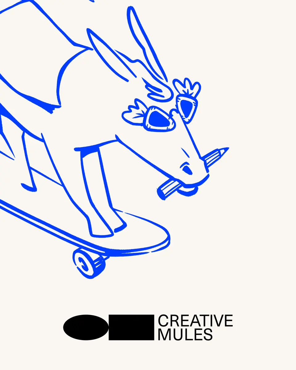 Creative Mules illustration: a blue line-drawn mule with a pencil in its mouth riding a skateboard, above the Creative Mules logo